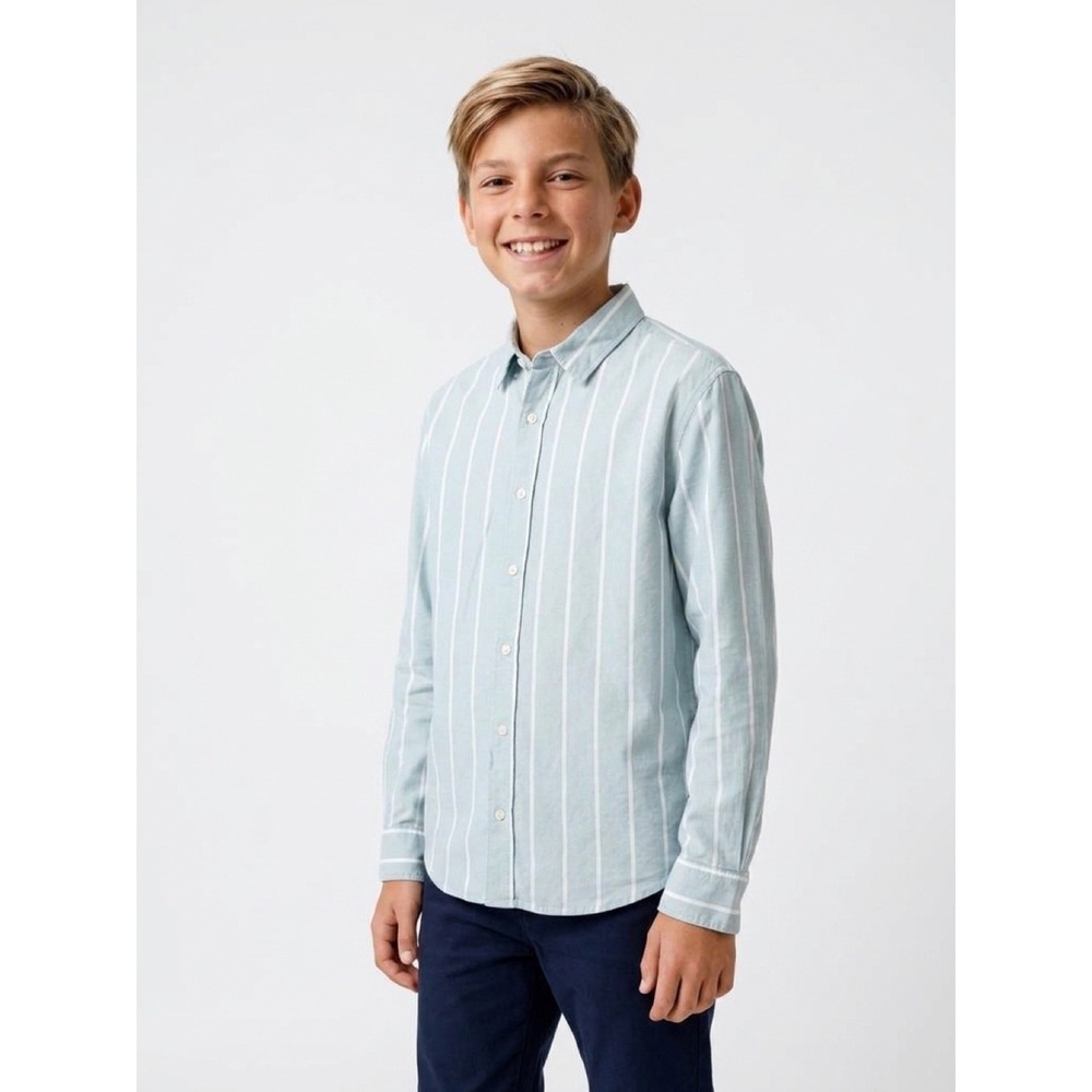Zara Boys Long Sleeve Button Down Shirt Blue Green Striped Heavy Cotton 11-12